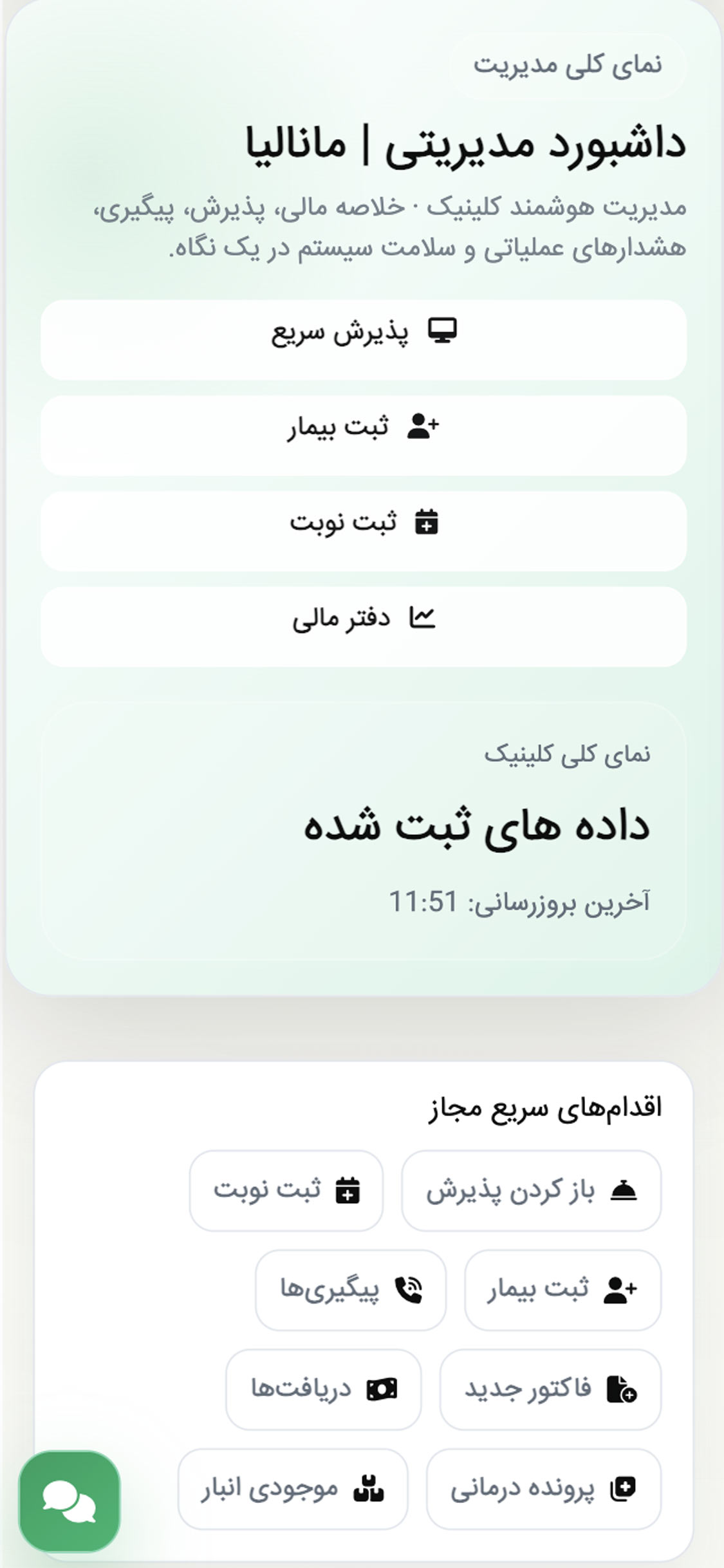 داشبورد مدیریتی نرم افزار CRM کلینیک مانالیا