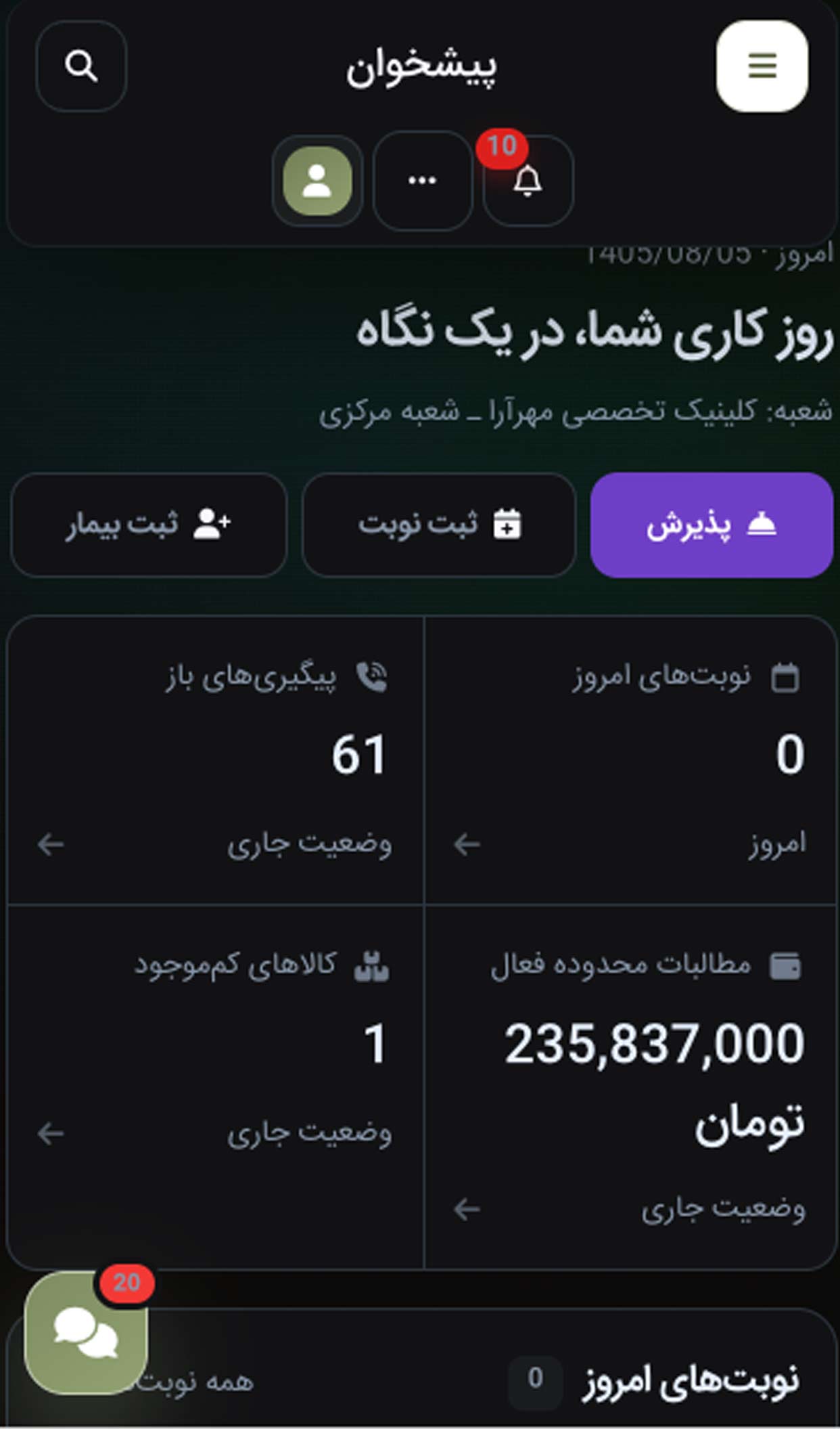تصویر داشبورد نرم افزار مانالیا در موبایل